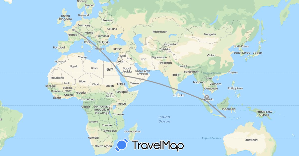 TravelMap itinerary: plane in France, Indonesia, Malaysia, Saudi Arabia (Asia, Europe)